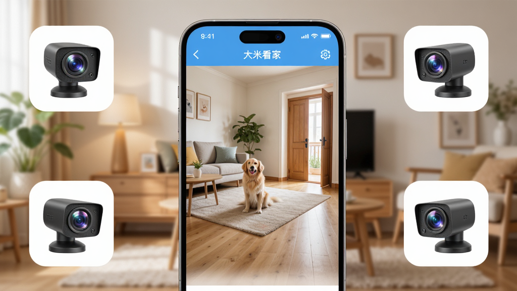 画面中央是一部智能手机,手机屏幕上显示着“大米看家”APP的监控画面,画面中有客厅、宠物和门窗,手机周围环绕着四个不同角度的摄像头图标,背景是温馨的家庭环境,整体布局为产品展示海报风格,排版简洁居中,风格为现代科技感,细节包括清晰的监控画面、摄像头镜头反光、手机边框圆角,画质为4K超清,干净,无多余元素