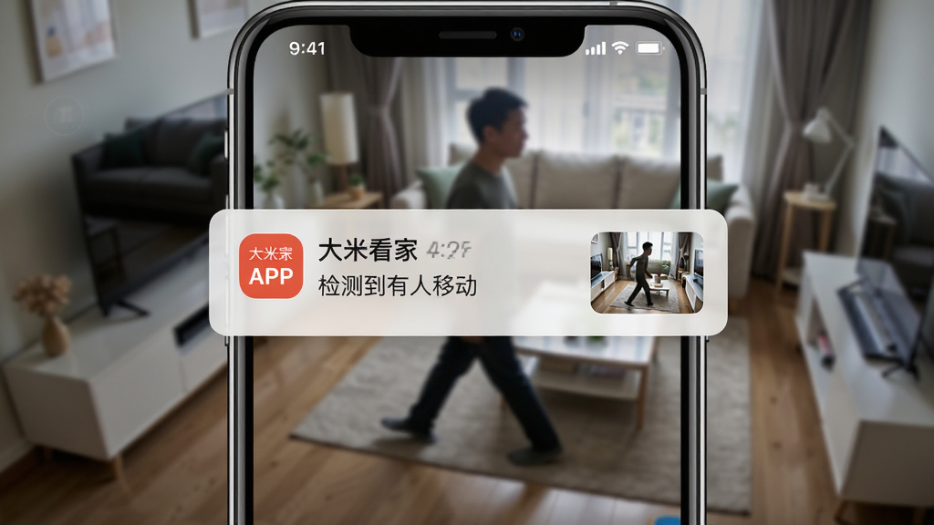 手机屏幕弹出“大米看家”APP的报警推送通知,通知内容显示“检测到有人移动”,背景是家庭客厅的监控画面,画面中有一个人影走过,整体布局为手机界面特写,排版突出通知弹窗,风格为科技感UI展示,细节包括通知图标、时间戳、监控画面缩略图,画质为超清,干净,无多余元素