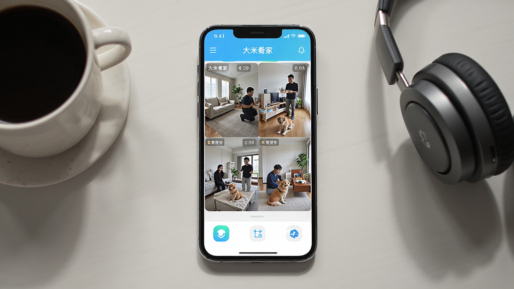 画面主体是一部智能手机,手机屏幕显示“大米看家”APP的多路监控画面,画面中有四个不同房间的实时视频,手机放置在桌面上,旁边有一杯咖啡和一副耳机,布局为斜45度俯视,排版为居中构图,风格为简约生活化,细节包括手机屏幕高光、APP界面图标清晰、监控画面中有人物和宠物,画质为高清,干净,无多余元素