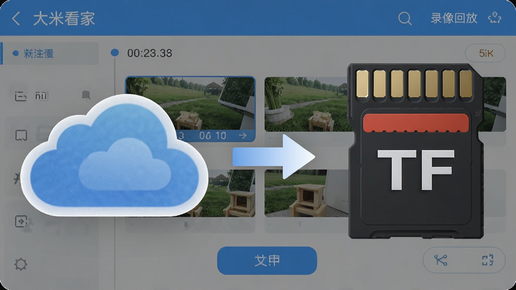 画面左侧是一个云朵形状的图标,右侧是一张TF存储卡,中间用箭头连接,背景是“大米看家”APP的录像回放界面,界面中显示时间轴和录像片段,整体布局为左右对比,排版清晰,风格为扁平化科技插画,细节包括云朵纹理、存储卡金属触点、APP界面按钮,画质为高清,干净,无多余元素