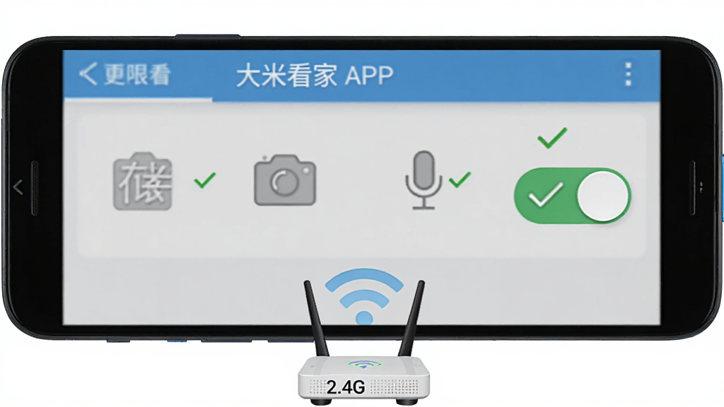 一部安卓手机屏幕上显示“大米看家”APP的权限设置页面,页面中有存储、相机、麦克风三个权限开关,开关旁有绿色对勾,手机下方有一个WiFi路由器图标和2.4G字样,整体布局为手机居中、路由器在下方,排版简洁,风格为教程图解,细节包括权限图标、开关状态、WiFi信号波纹,画质为高清,干净,无多余元素