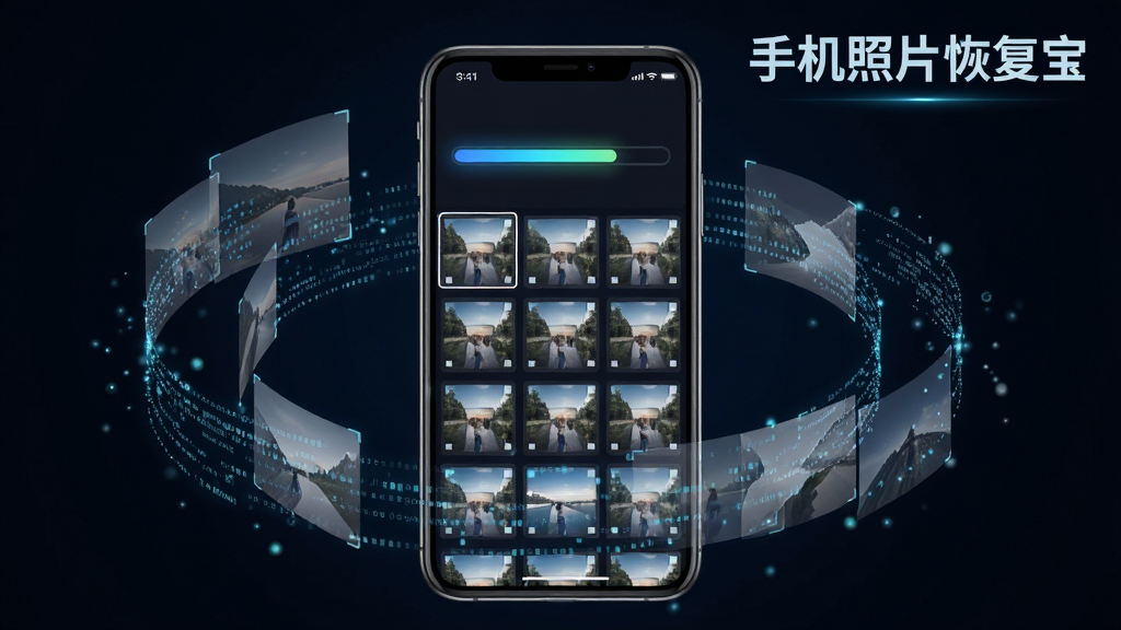 一部手机屏幕显示扫描进度条和大量照片缩略图正在被逐一识别,手机周围环绕着数据流线条,右上角有