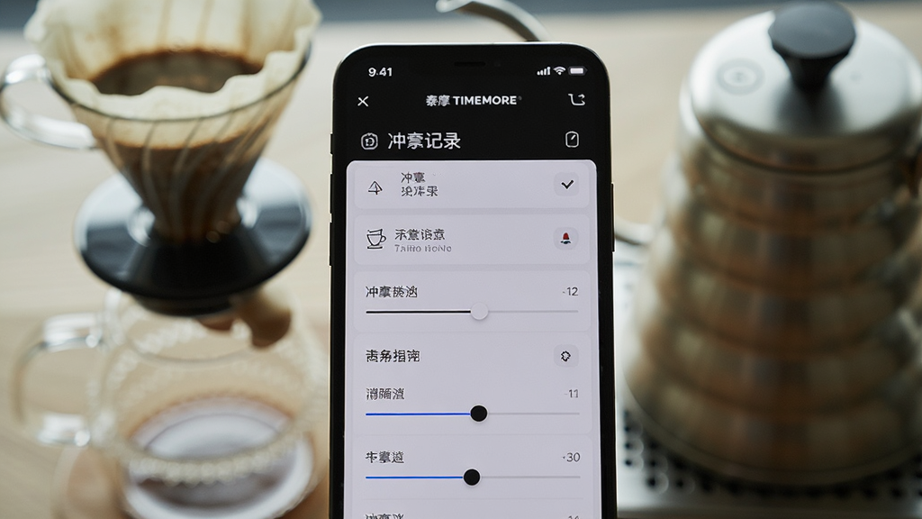 画面主体为手机屏幕特写,显示泰摩TIMEMORE应用内的冲煮记录表格与参数调节滑块,背景虚化呈现咖啡杯与手冲壶轮廓;布局为居中特写构图,屏幕占据画面主体;风格为科技感与生活感结合的写实风格,光线柔和;细节上突出界面文字与图标的清晰度;画质高清,干净无杂乱元素。