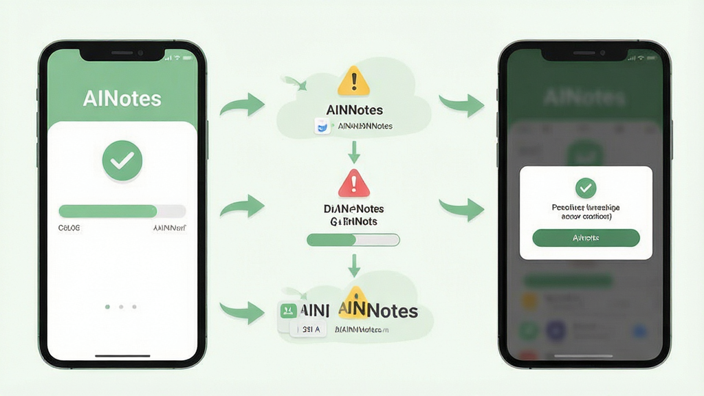 AINotes安装与权限设置流程图,主体为手机屏幕显示安装进度条和权限弹窗,布局为纵向步骤式排列,排版清晰,风格为扁平化教程插画,细节包括对勾图标、警告标志、柔和绿色调,画质高清,干净无多余元素,画面中文字标注“AINotes”