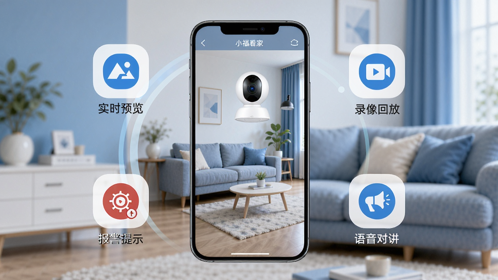 画面中央放置一部智能手机,手机屏幕上显示着小福看家的监控画面,画面中有客厅场景和一个无线摄像头。手机周围环绕着几个图标,分别代表实时预览、录像回放、报警提示和语音对讲。背景是温馨的家居环境,色调以蓝色和白色为主,风格简洁现代,细节清晰,画质高清,干净无多余元素。