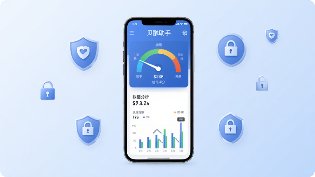 一张手机屏幕展示信用报告查询界面的图片,画面中央是一部智能手机,手机屏幕上显示着贝融助手的信用评分仪表盘和数据分析图表,背景是干净的浅蓝色渐变,周围点缀着盾牌和锁扣图标象征数据安全,整体风格简洁商务,画质清晰干净,无多余元素