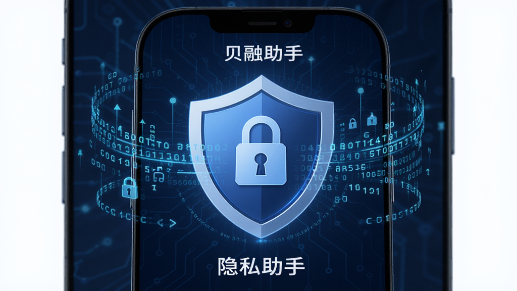 一部手机屏幕显示贝融助手的隐私安全保护界面,画面中央是一个巨大的盾牌图标,盾牌上有锁形图案,手机周围有加密数据流的视觉效果,背景为深蓝色科技风格,画质清晰,无多余元素