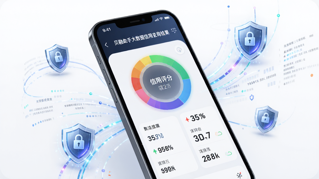 一部手机展示贝融助手大数据信用查询结果页面,屏幕上显示彩色信用评分环形图和多项数据指标,手机周围环绕着数据流动的线条和盾牌图标,背景为干净的白色,整体风格科技感十足,画质清晰,无多余元素