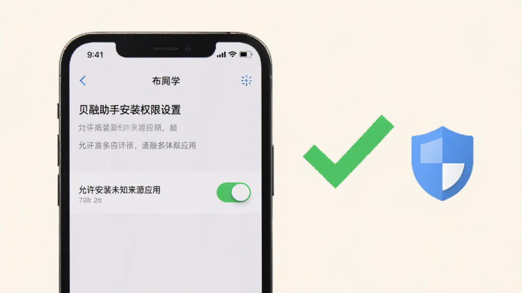 一部手机展示贝融助手安装权限设置界面,屏幕上显示着