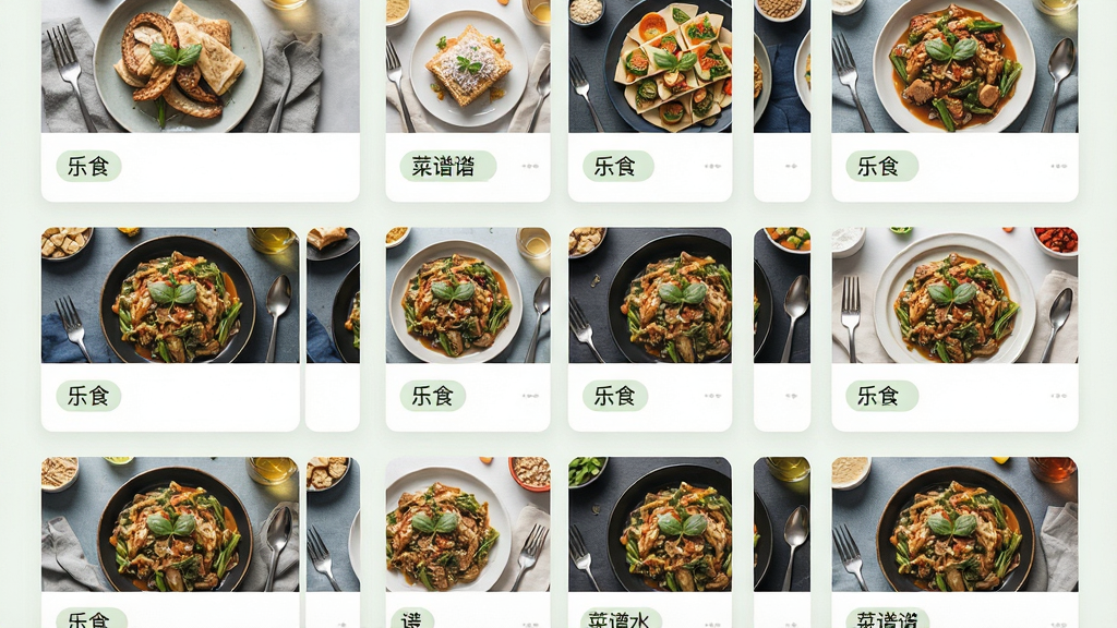 一张展示“乐食”应用内菜谱分类页面的图片,主体为整齐排列的菜谱卡片网格,布局采用三列瀑布流形式,排版清晰,风格为清新浅色系,细节包括卡片上的菜品缩略图和分类标签,画质高清,画面干净,无多余元素。