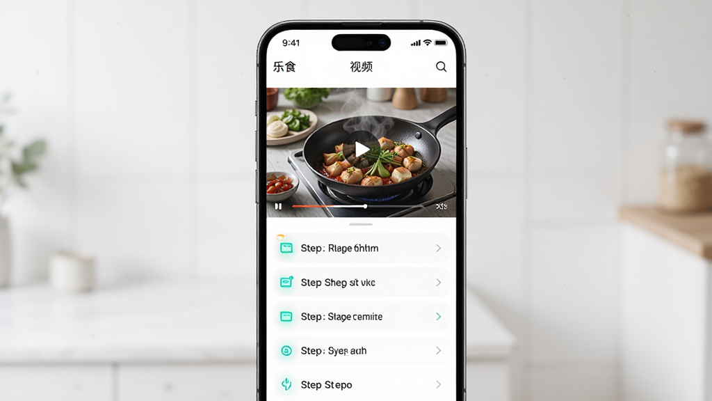 一张展示“乐食”应用内视频教学界面的图片,主体为手机屏幕播放烹饪视频,布局为上方视频窗口下方步骤列表,排版简洁,风格为现代科技感,细节包括视频播放按钮和步骤高亮标记,画质高清,画面干净,无多余元素。