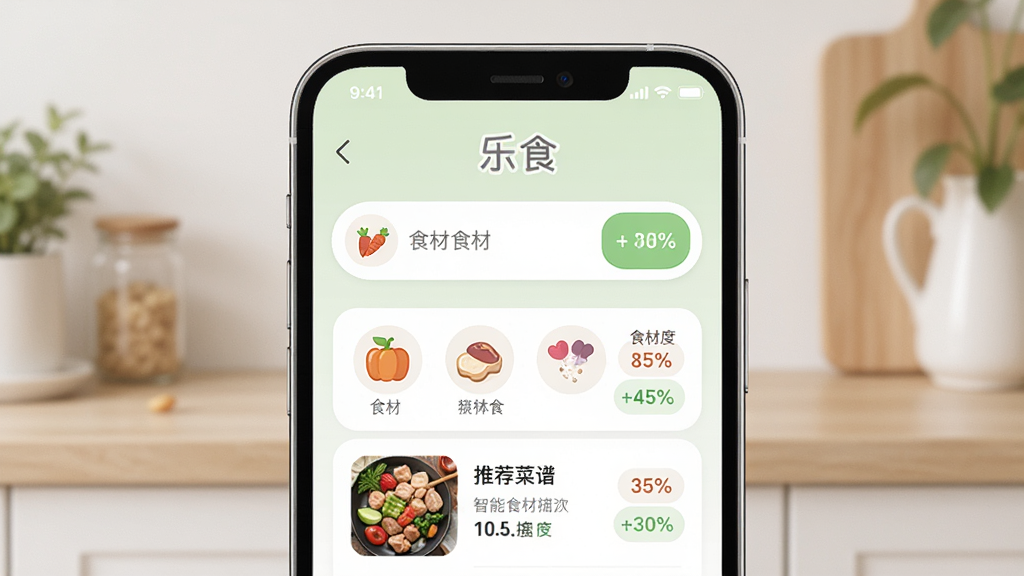 一张展示“乐食”应用内智能食材匹配功能的图片,主体为手机屏幕显示食材输入框和推荐菜谱列表,布局为上下结构,排版直观,风格为柔和圆角设计,细节包括食材图标和匹配度百分比,画质高清,画面干净,无多余元素。