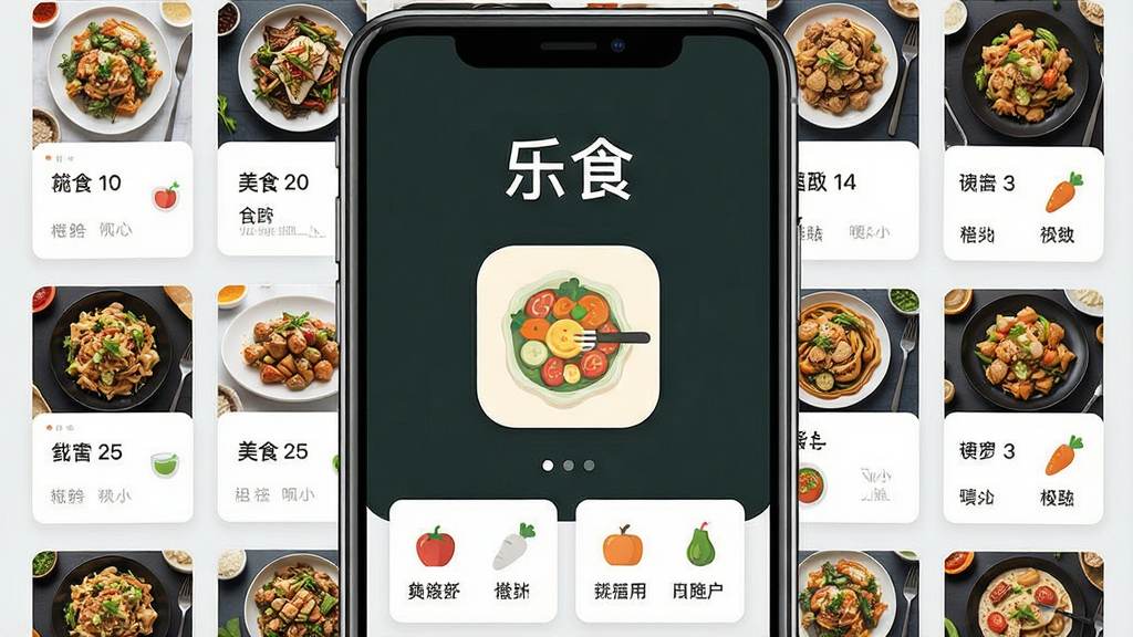 一张展示手机屏幕内乐食应用界面的图片,画面中央是“乐食”软件名称和美食菜谱图标,周围环绕着各种菜品缩略图,布局采用居中对称式排版,风格为现代简约扁平化设计,细节包括清晰的步骤卡片和食材图标,画质高清,画面干净,无多余元素。