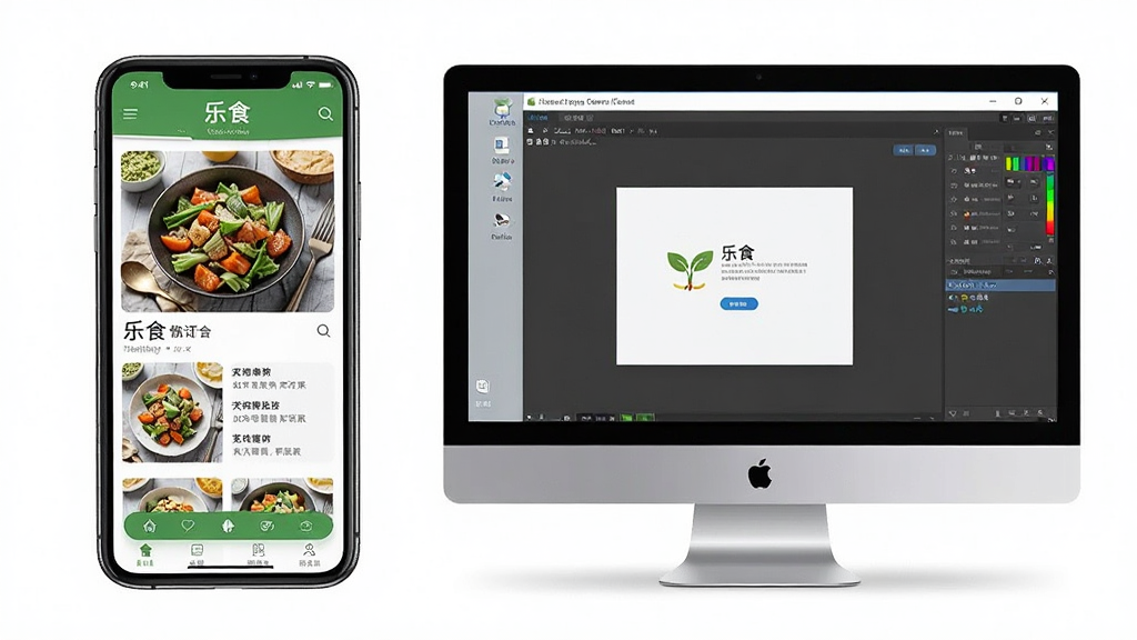 一张展示“乐食”应用在手机和电脑模拟器上同时运行的图片,主体为手机屏幕和电脑屏幕并列,布局为左右对比式,排版清晰,风格为明亮生活化,细节包括手机上的菜谱界面和电脑上的模拟器窗口,画质高清,画面干净,无多余元素。