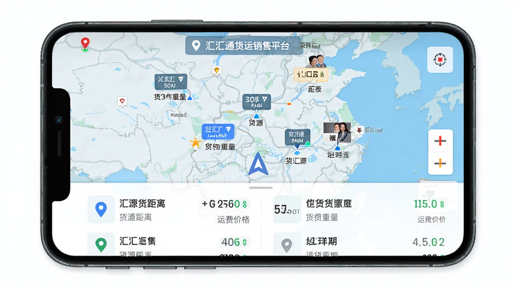汇汇通货运销售平台司机端实时货源推送功能界面,主体为手机屏幕显示地图与货源标记点,布局为地图占据上半部分下方列表展示货源详情,排版采用左右分栏式信息呈现,风格为科技感地图导航界面,细节包含定位图标、货源距离、货物重量、运费价格等文字,画质高清,干净,无多余元素