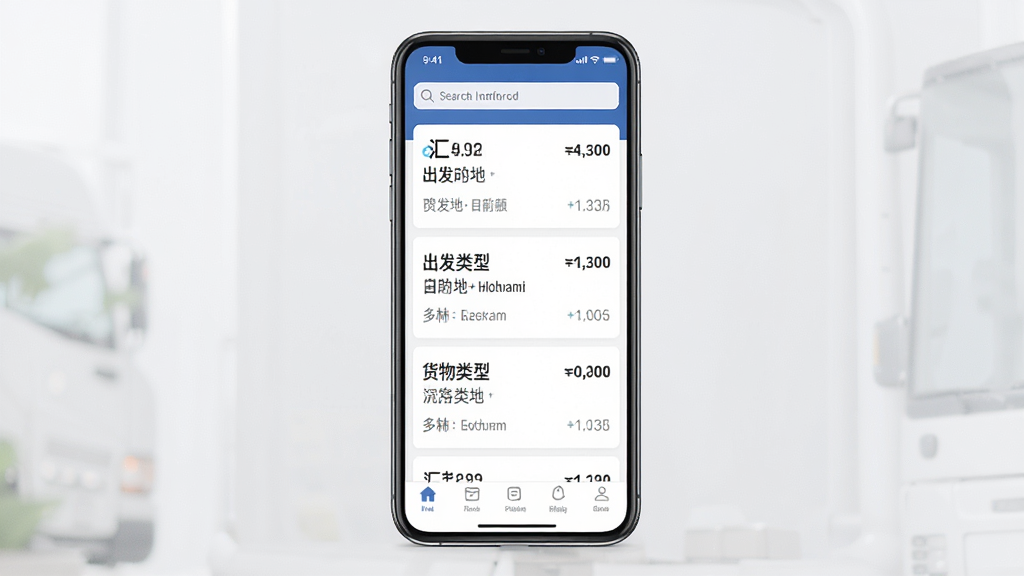汇汇通货运销售平台司机端应用主界面展示,主体为一部智能手机竖屏显示货运订单列表页面,布局采用居中构图,上方为状态栏与搜索框,中间为订单卡片列表,下方为底部导航栏,排版整洁清晰,风格为现代商务扁平化设计,细节包含订单金额、出发地目的地、货物类型等文字信息,画质高清,干净,无多余元素