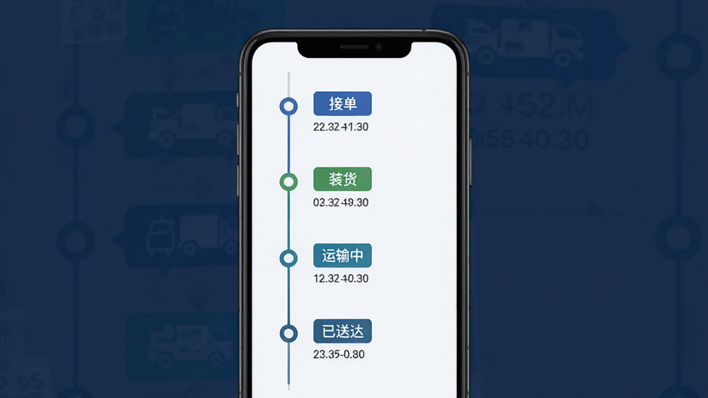 汇汇通货运销售平台司机端订单管理流程界面,主体为手机屏幕展示订单状态时间轴,布局为垂直时间线从上到下排列,排版清晰展示各节点信息,风格为简约商务信息图,细节包含接单、装货、运输中、已送达等状态标签与时间戳文字,画质高清,干净,无多余元素