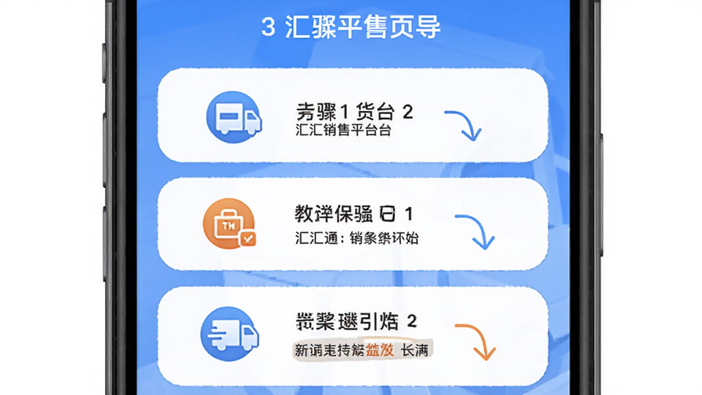 汇汇通货运销售平台司机端新手操作引导页面,主体为手机屏幕展示步骤指引,布局为上下结构图文结合,排版每步配图标与简短说明文字,风格为友好新手引导设计,细节包含箭头指引、步骤序号、操作提示文字,画质高清,干净,无多余元素