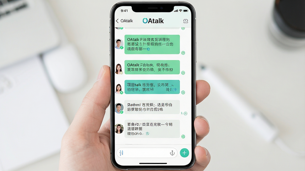 һ��չʾOAtalkȺ�����������ֻ���ͼ���ͼƬ���������ֻ���Ļ��ʾһ����Ϊ����ĿЭ��Ⱥ����Ⱥ�Ĵ��ڣ������С�OAtalk����ʶ��Ⱥ��Աͷ����������Ϣ��࣬��Ϣ���ݰ������ֺ��Ѷ���ǣ��ײ��������ͼӺŰ�ť�����岼�����������Ϊ�ִ��ƶ���UIչʾ�����ʸ��壬����ɾ����޶���Ԫ�ء�