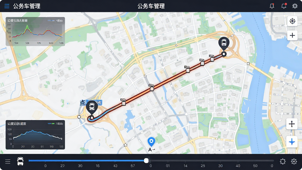 ����չʾ�����񳵹����������Ĺ켣�طŵ�ͼ���棬����Ϊ���е�·��ͼ��һ��������ʻ�켣�ߣ����ֲ���ȫ����ͼ���ӵײ�ʱ��������������Ϊ�ִ�����Ӧ�÷磬ϸ�ڰ�������յ��ǡ��ٶ�����С��������ͼ�꣬���ʸ��壬�ɾ����޶���Ԫ��
