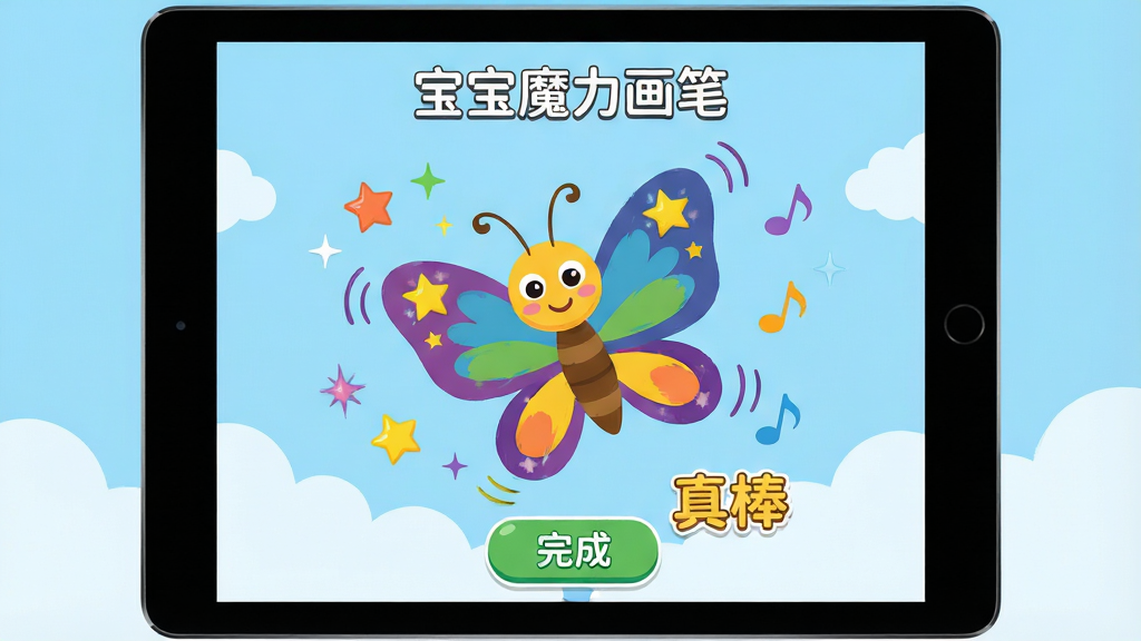 һ��չʾ��ͯ�滭Ӧ�ý����ͼƬ������������һ��ƽ����ԣ���Ļ����ʾ�š�����ħ�����ʡ��Ķ���Ч����һֻͿ����ɫ�Ŀ�ͨ���������ȶ������Χ����˸�����Ǻ�����������Ϊ����չʾ��������ǳ��ɫ��գ����Ϊ��ƽ��ͨ��ϸ�ڰ�����Ļ�·��ġ���ɡ���ť��Ʈ���ġ���������֣������������ɾ����޶���Ԫ��