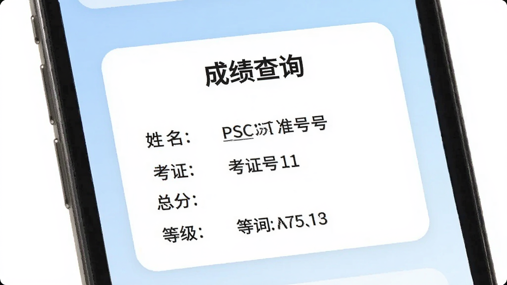 ��ͨ��(PSC)�ɼ���ѯ���ܽ��棬�ֻ���Ļ��д��ҳ��������ʾ��ѯ�����Ƭ������������׼��֤�š��ܷ֡��ȼ�����Ϣ������Ϊ����ɫ���䣬��ƬΪ��ɫԲ�Ǿ��Σ������С��ɼ���ѯ�������������������񣬻���������������Ԫ��