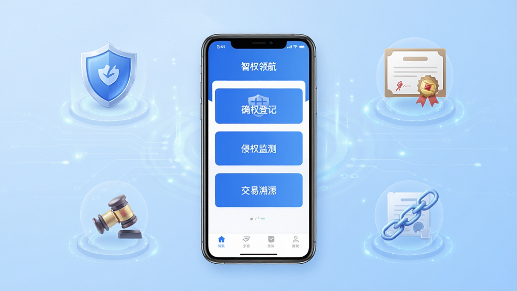 ��Ȩ�캽����������ȫòչʾ�������������һ�������ֻ�����Ļ��ʾ��Ȩ�캽APP��ҳ��ҳ�����ȷȨ�Ǽǡ���Ȩ��⡢������Դ��������ڣ�����Ϊǳ��ɫ�Ƽ��н��䣬��Χ���ƶ��ơ�֤�顢������֪ʶ��ȨԪ��ͼ�꣬���岼�־��жԳƣ����������Ƽ��У�ϸ���������������ʸ���ɾ����޶���Ԫ��