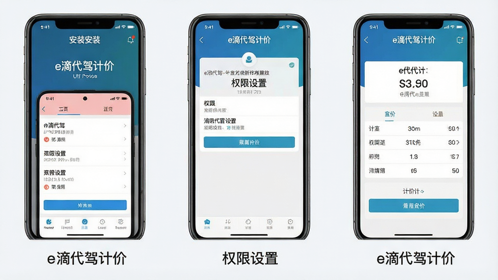 一张展示e滴代驾计价新手操作流程的示意图,主体为手机屏幕分步截图排列,布局采用从左到右三步骤排版,风格为简洁教程风,细节上第一步显示安装界面、第二步显示权限设置、第三步显示计价主页面、每步下方配有简短文字说明、整体背景为浅灰白色、屏幕中有