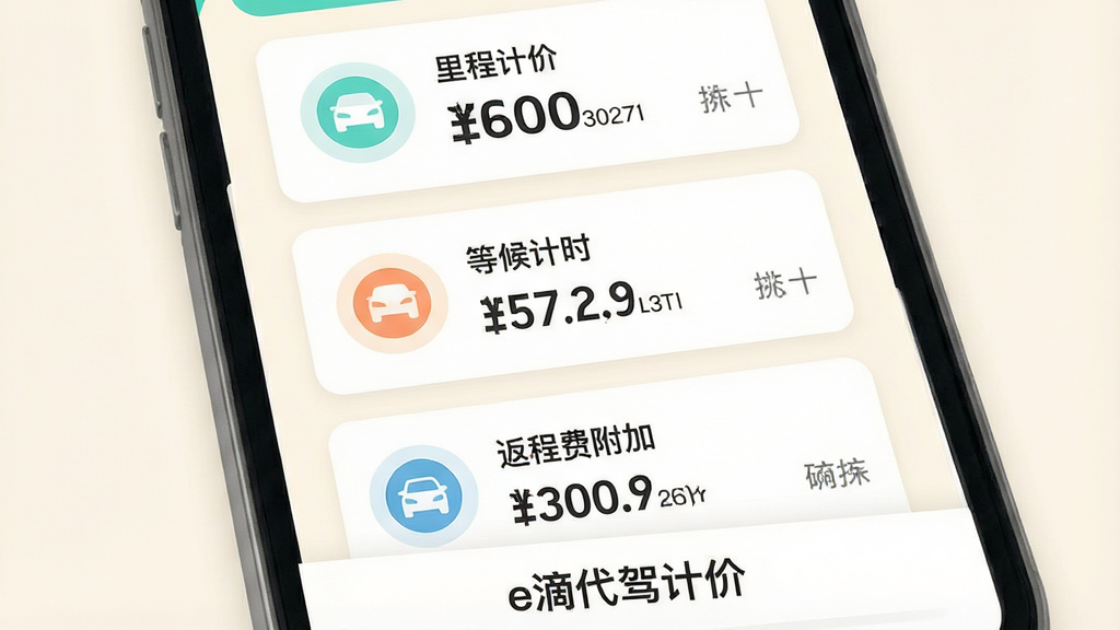 一张展示e滴代驾计价功能模块的示意图,主体为手机屏幕特写,布局采用卡片式分区排版,上方为里程计价卡片、中间为等候计时卡片、下方为返程费附加项卡片,风格为清新浅色系扁平设计,细节上每个卡片带有图标和数字示例、背景为柔和米白色、屏幕下方有