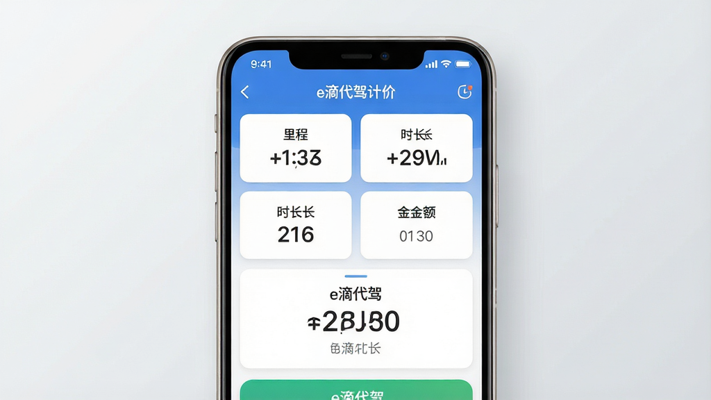 一张展示e滴代驾计价软件主界面的手机应用预览图,主体为居中放置的安卓手机,屏幕上显示计价器界面,包含里程、时长、金额等数字面板,布局简洁清晰,排版采用上下结构上方为状态栏下方为计价功能区,风格为现代扁平化科技风,细节上手机边框圆润、背景为浅灰渐变、屏幕内有