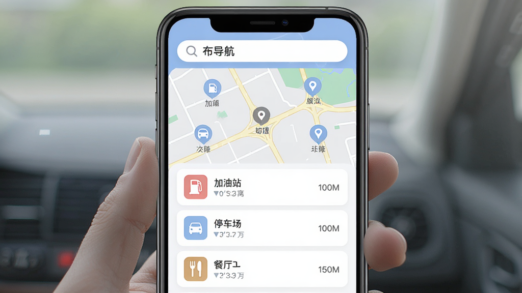 �������ܱ߷����ѯҳ�棬�ֻ���Ļչʾ��ͼ�϶����Ȥ��ͼ�꣬�·��б���ʾ����վ��ͣ��������������Ŀ��������Ϣ��������ÿ�Ƭʽ���֣���ɫ��ͣ��������������С�����������ʶ�����廭�ʣ��޶���Ԫ��