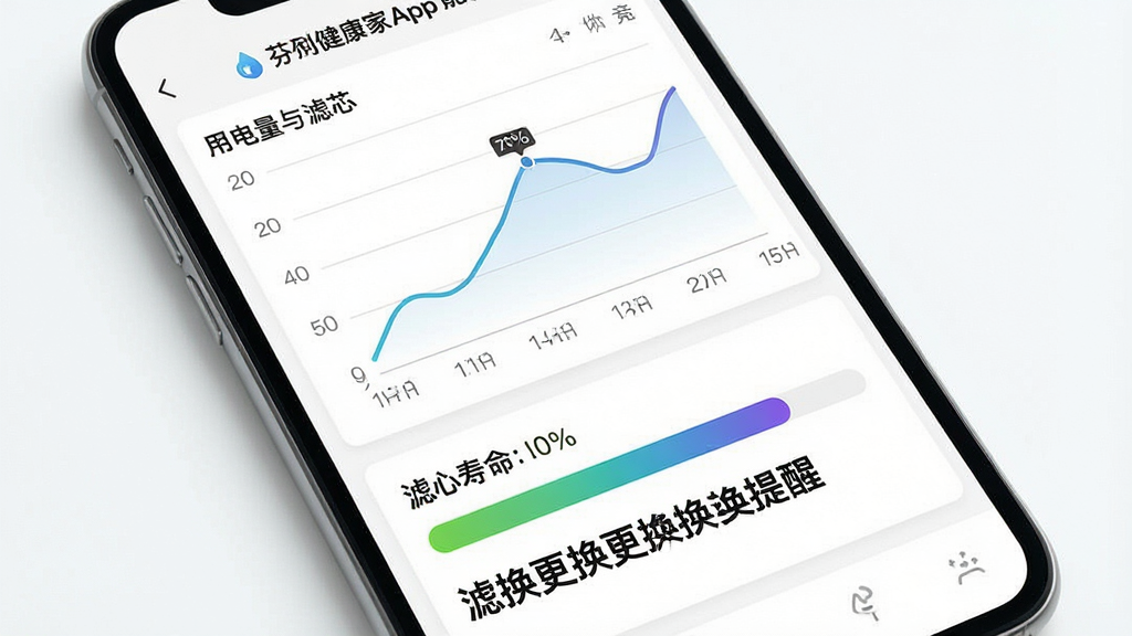 一张展示芬尼健康家App能耗统计与滤芯提醒功能的界面图,画面中手机屏幕上半部分显示用电量折线图,下半部分显示滤芯寿命进度条和更换提醒文字,背景为白色简洁风格,细节包括折线图有坐标轴、进度条有颜色渐变、提醒文字醒目,画质高清,干净,无多余元素