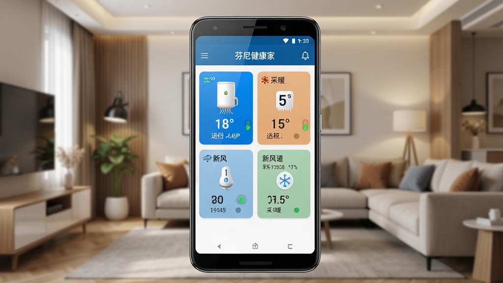 一张展示芬尼健康家App界面的手机样机图,画面中央是一部竖屏安卓手机,手机屏幕上显示芬尼健康家App的主控制面板,面板上有空气能热水器、采暖、新风等设备卡片,卡片显示温度、运行模式等数据,背景是温馨的现代家庭客厅场景,风格为写实科技风,细节包括手机边框反光、屏幕UI图标清晰、设备卡片有蓝色和绿色状态指示,画质高清,干净,无多余元素