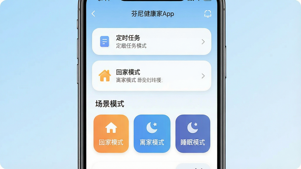 一张展示芬尼健康家App定时与场景模式界面的手机截图风格图,画面中央手机屏幕显示定时任务列表和场景模式按钮,按钮上有“回家模式”“离家模式”“睡眠模式”等文字标签,背景为浅蓝色渐变,风格为扁平化UI设计风,细节包括图标简洁、文字清晰、按钮有圆角,画质高清,干净,无多余元素