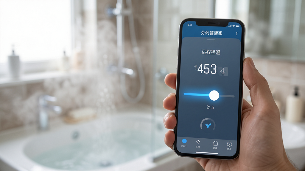 一张展示芬尼健康家App远程控温功能的场景图,画面中一只手拿着手机,手机屏幕显示温度调节滑块和当前水温数值,背景是模糊的浴室场景,有热水雾气效果,风格为写实生活风,细节包括手机屏幕上的温度数字清晰、滑块有蓝色渐变、背景虚化自然,画质高清,干净,无多余元素