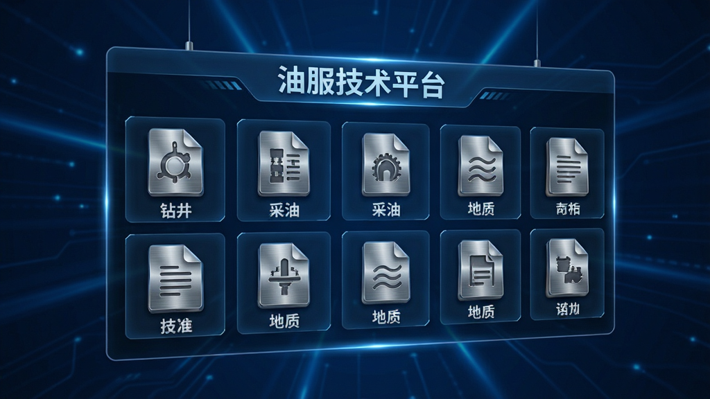 画面中央展示一个悬浮的数字资料库界面,界面标题为“油服技术平台”,下方分类展示钻井、采油、地质等技术文档图标,背景为深蓝色科技光影,布局采用网格排列,风格为现代科技风,细节上文档图标有金属质感,光影层次分明,画质为高清4K,画面干净,无多余元素