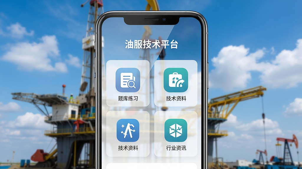 画面中央展示一部智能手机,手机屏幕上显示“油服技术平台”应用主界面,界面包含题库练习、技术资料、行业资讯等功能模块图标,背景为油田钻井平台与蓝天白云,布局采用居中构图,风格为写实科技风,细节上手机屏幕有轻微反光,图标清晰可见,画质为高清4K,画面干净,无多余元素