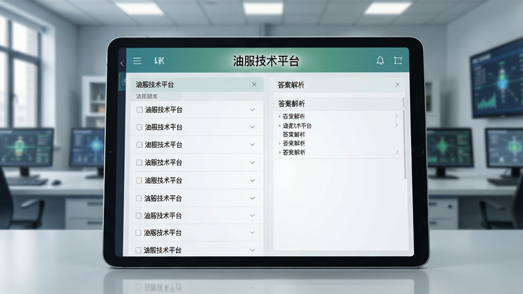 画面中央是一本打开的电子题库平板设备,屏幕上显示“油服技术平台”题库界面,左侧为题目列表,右侧为答案解析区域,背景为现代化石油技术培训教室,布局采用左右分栏,风格为简洁教育风,细节上屏幕有柔和背光,文字清晰,画质为高清4K,画面干净,无多余元素