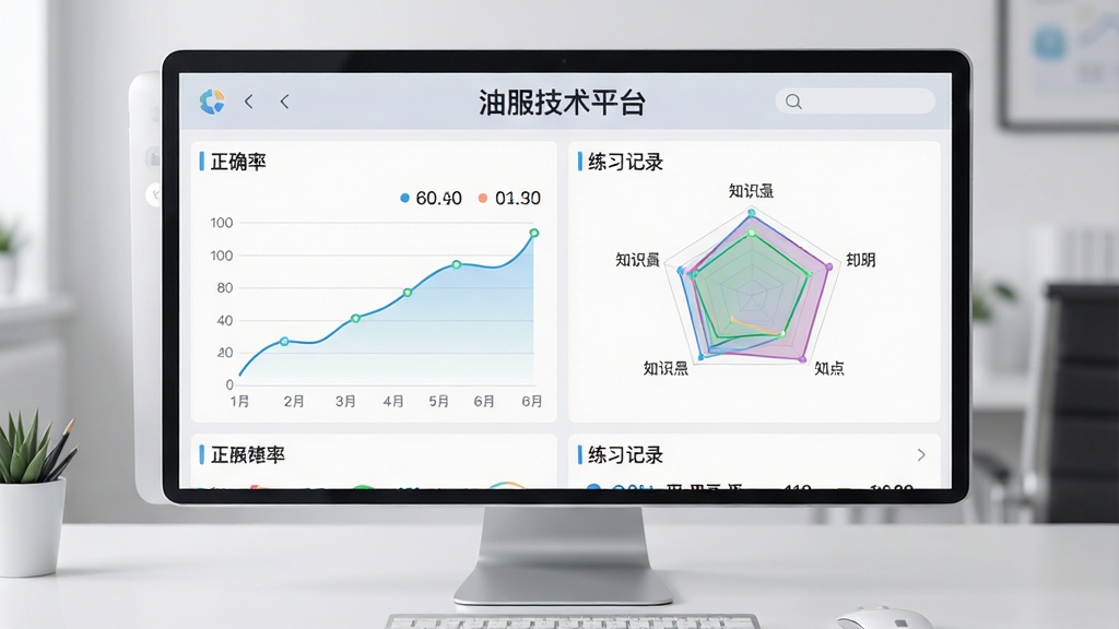 画面中央展示一个数据仪表盘界面,标题为“油服技术平台”,界面中包含正确率曲线图、知识点雷达图和练习记录列表,背景为浅灰色办公桌面,布局采用上下结构,风格为数据可视化风,细节上图表颜色清晰柔和,数字醒目,画质为高清4K,画面干净,无多余元素