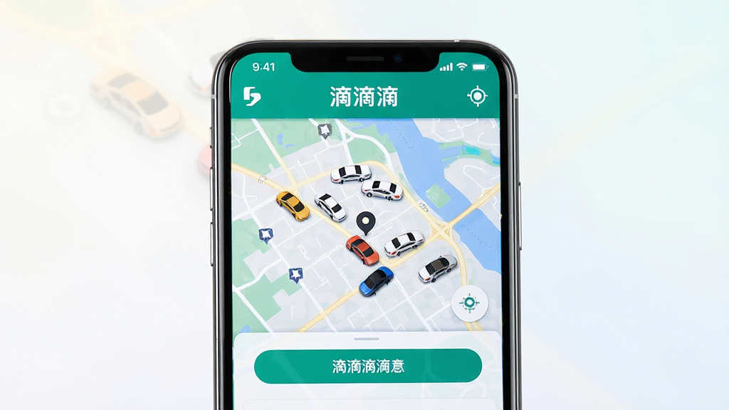 一张手机屏幕展示滴滴国际版APP主界面的场景图,画面中央是手机,手机屏幕上显示滴滴国际版的地图叫车界面,界面中有中文语言显示,地图上有车辆图标和定位标记,背景是简洁的浅色渐变,风格为科技感UI展示,细节包括手机边框反光和界面按钮,画质清晰,干净,无多余元素