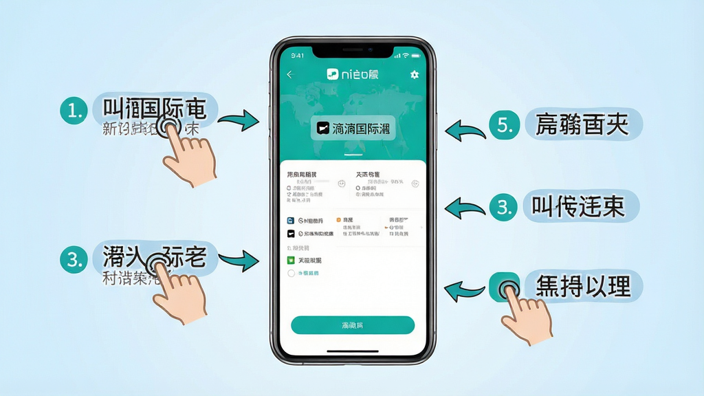 一张滴滴国际版新手操作指南示意图,画面中央是手机屏幕显示滴滴国际版叫车界面,屏幕旁边有手指点击的图标,界面中有中文标注的步骤提示,背景为浅蓝色渐变,风格为教程图解,细节包括步骤序号和箭头指示,画质清晰,干净,无多余元素