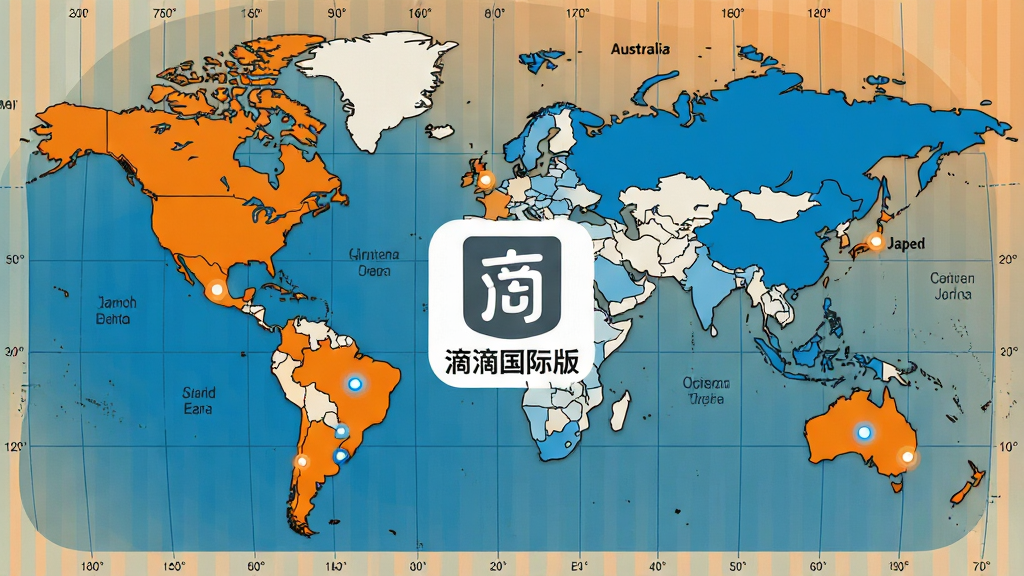 一张滴滴国际版全球服务覆盖示意图,画面以世界地图为背景,地图上用高亮圆点标注墨西哥、巴西、澳大利亚、日本、韩国等国家和地区,地图风格简洁扁平化,配色以橙色和蓝色为主,画面中央有滴滴国际版的图标,风格为信息图表展示,细节包括地图经纬线和国家轮廓,画质清晰,干净,无多余元素