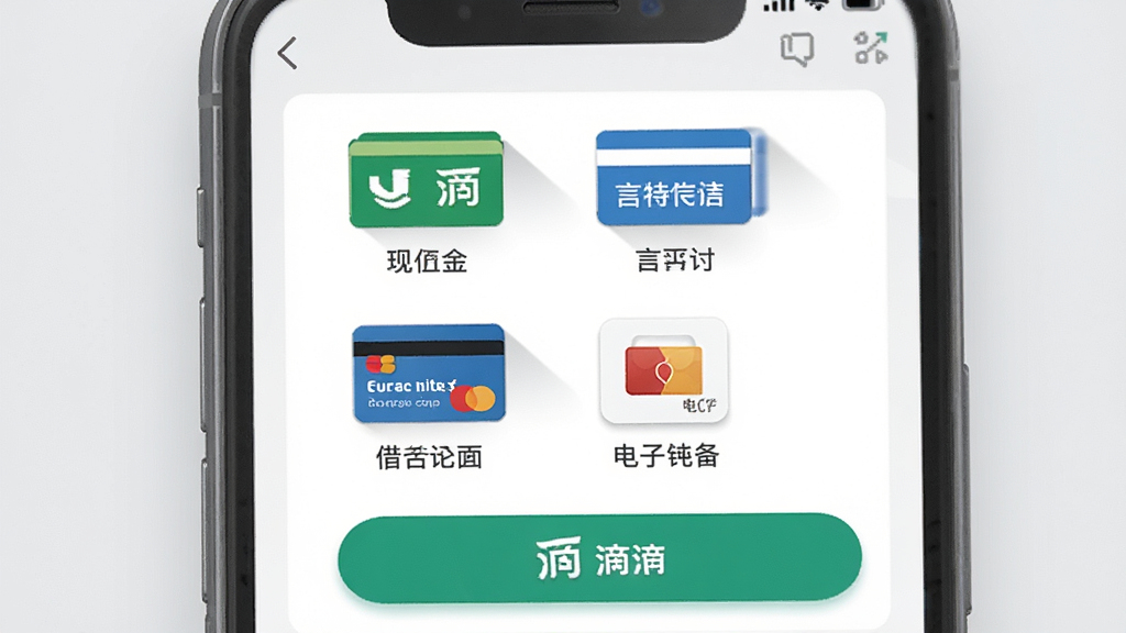 一张滴滴国际版支付方式展示图,画面中央是手机屏幕显示支付选择界面,界面上有现金、信用卡、借记卡、电子钱包等支付图标,图标排列整齐,背景为浅灰色,风格为UI界面展示,细节包括图标阴影和按钮圆角,画质清晰,干净,无多余元素