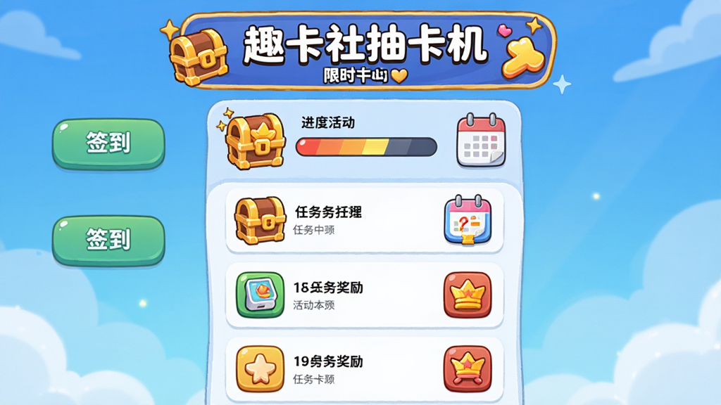 ����չʾһ���������Ľ��棬��������ǩ����ť�������б��ͽ���ͼ�꣬�������д�š�Ȥ����鿨������ʱ����Ű�Ϊ�����б������Ϊ���ÿ�ͨ��ϸ�ڰ����������䡢������������ͼ�ꣻ���ʸ��塢�ɾ����޶���Ԫ��