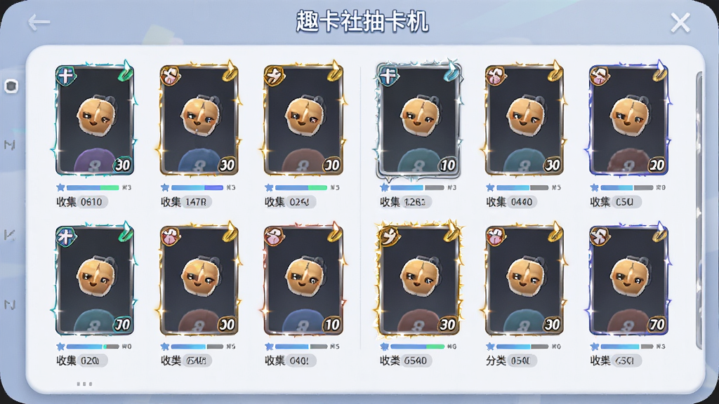 ����չʾһ�����⿨����棬�����������Ŷ��Ų�ͬϡ�жȵĿ��ƣ����ֿ��ƴ�������߿򣬽��涥����ʾ��Ȥ����鿨�������⣻�Ű�Ϊ����״�����Ϊ���¼�Լ��ϸ�ڰ��������·����ռ��������������ǩ�����ʸ��塢�ɾ����޶���Ԫ��