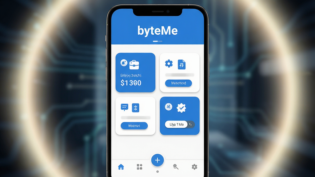������һ����׿�ֻ���Ļ����Ļ������ʾ��byteMe�����������棬���沼�ּ�࣬����Ϊ�������ơ�byteMe�����в�Ϊ���ܿ�Ƭʽ���У��ײ�Ϊ���������Ű���þ��й�ͼ���ֻ�������ǳɫ���ε�׺�����Ϊ�ִ��Ƽ��б�ƽ����ƣ�ɫ��������Ϊ����ϸ������Ļ�����������ɱ棬��ť������΢Բ������Ӱ������Ϊ����2K������ɾ����޶���Ԫ�ء�