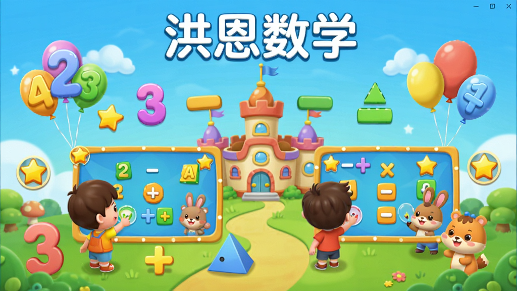 洪恩数学软件主界面全貌展示,画面中央是卡通风格的数学王国场景,包含数字、加减符号、几何图形等元素,布局为上方显示软件名称