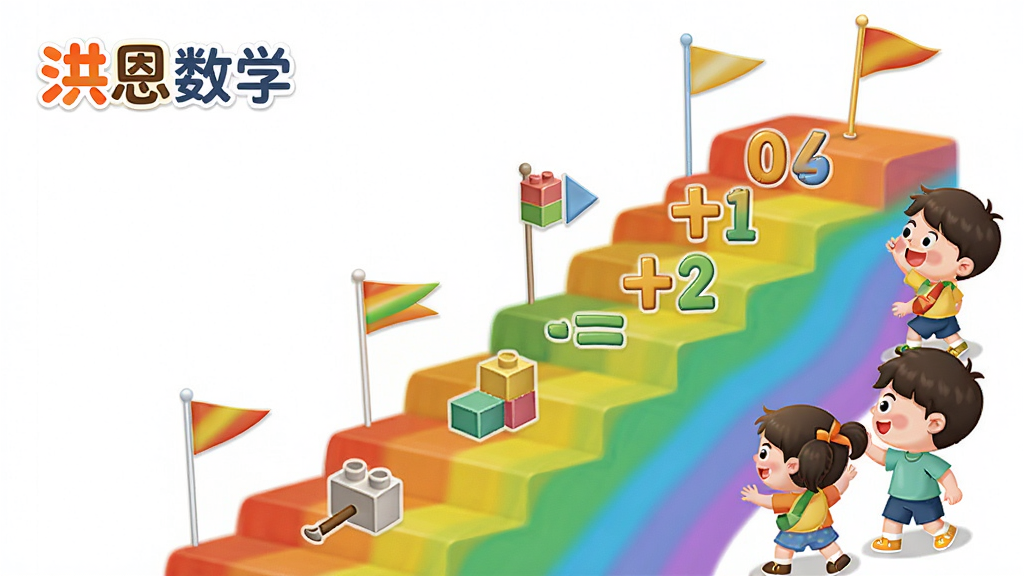 洪恩数学分龄课程体系界面展示,画面主体为一条由低到高的彩虹阶梯路径,阶梯上分布着不同年龄段的数学知识点图标,布局为左侧显示