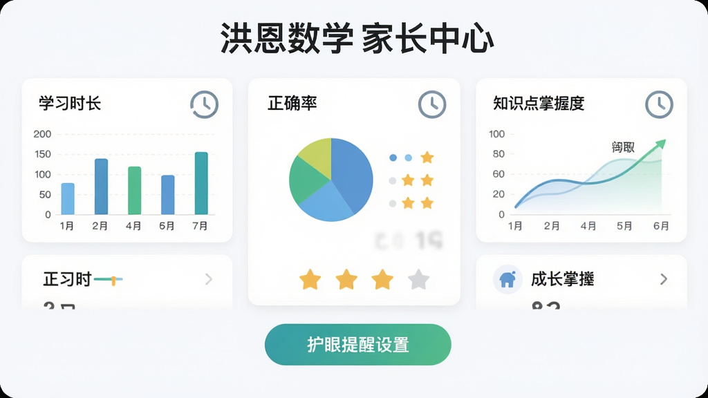 洪恩数学家长中心学习报告界面,画面主体为数据仪表盘与成长曲线图,布局为上方显示