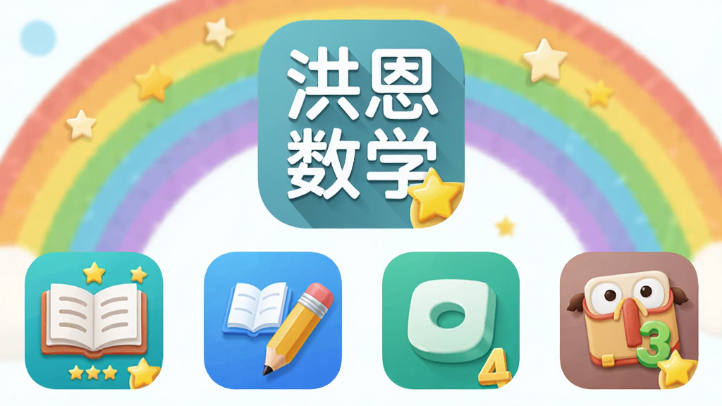 洪恩数学同类软件对比推荐展示,画面为多个儿童数学软件图标排列在彩虹背景上,布局为上方显示